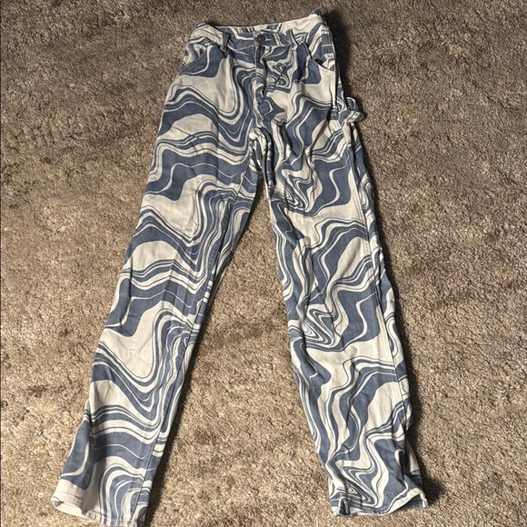 PacSun Boyfriend Carpenter Pants Women's 26 White Blue Swirl Print Mom High-Rise - Picture 1 of 3